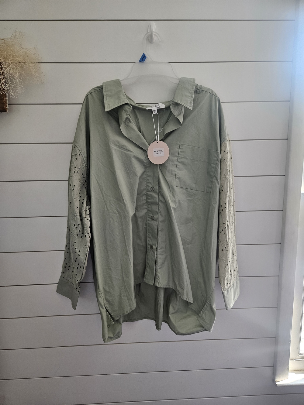 Eyelet-Sleeve Button Down Shirt/Coat in Light Sage - Unbranded